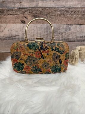 Cork Style Rose Gold w/ Blue & Pink Floral Print Clutch OS